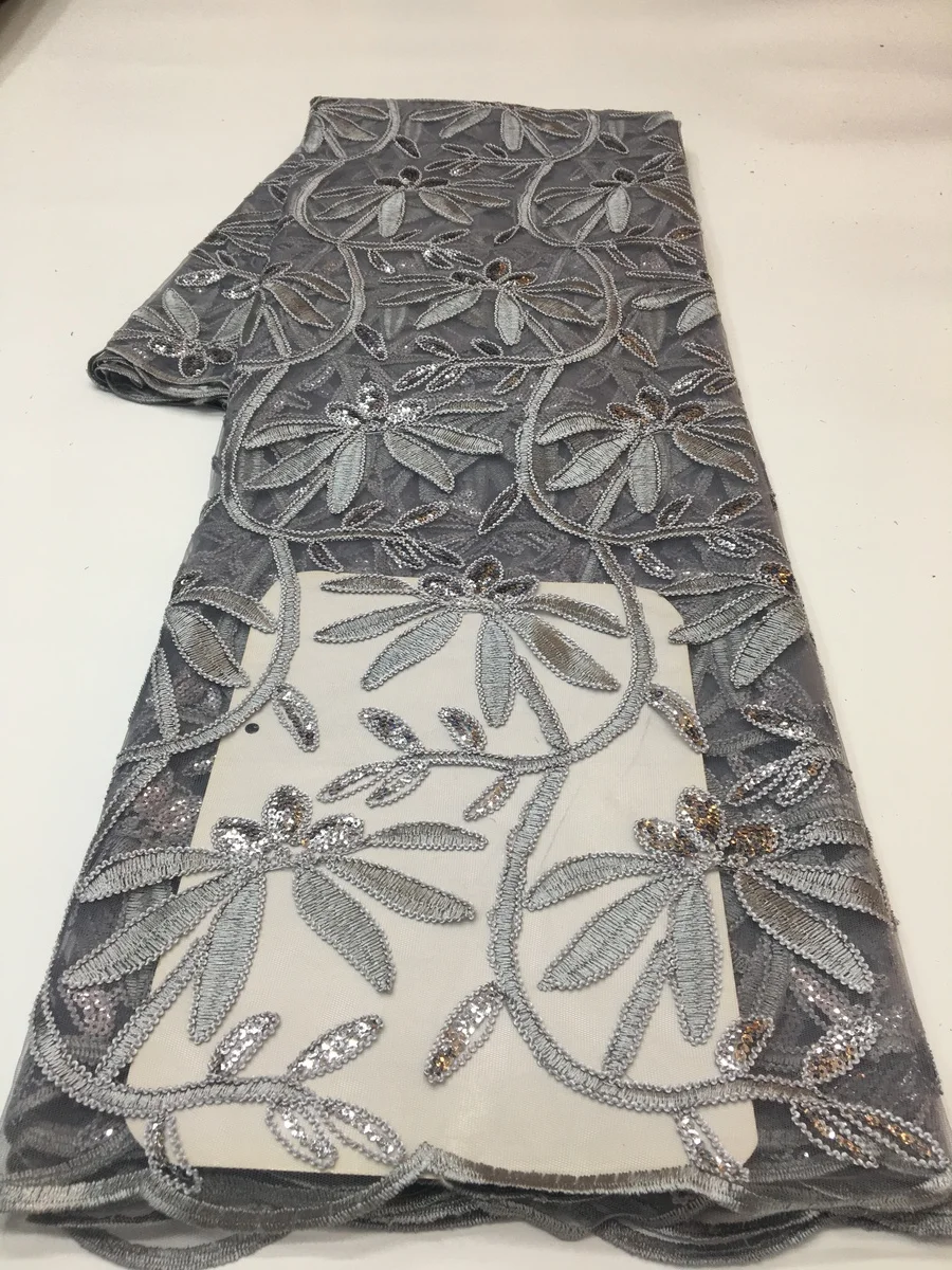 

African Sequins Lace Fabric Grey High Quaity Fabric Embroidery French Tulle Mesh Lace Fabric for Nigerian Party Dress KYX2220