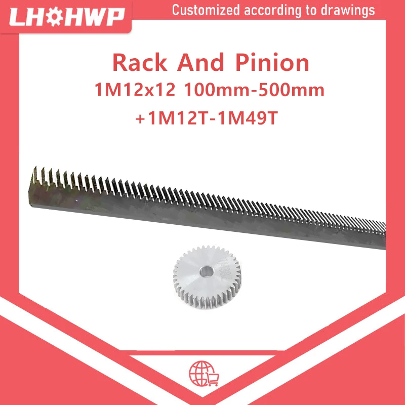 1pc 1 Modle12x12 Rack 100mm-500mm With 1pc 1 Modle 12 Tooth -49Tooth Flat Gear Industrial Gear Process Hole without keyway