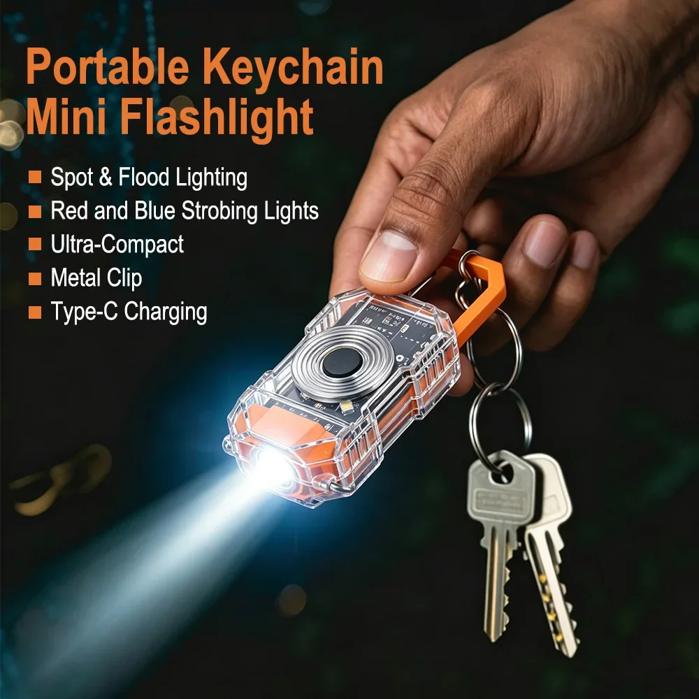 Mini LED Keychain Flashlight Type-C Rechargeable EDC Pocket Lamp Waterproof Work Light Hat Clip Red Blue Warning Light