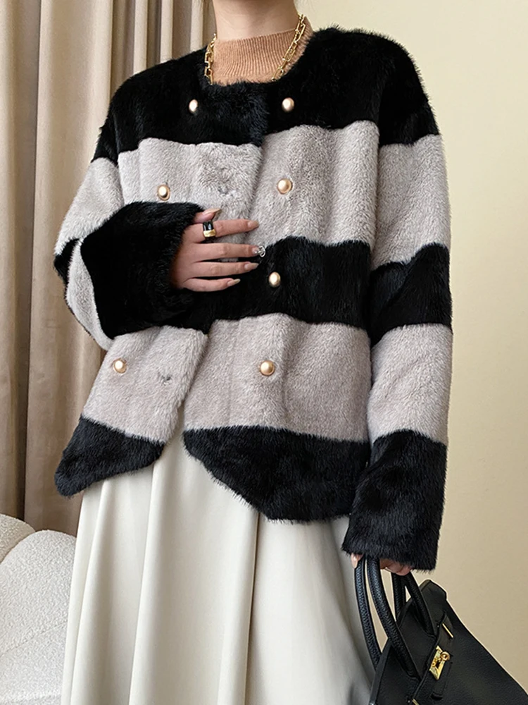 Color-block Stripe Big Size Warm Faux Fur Jacket New Round Neck Long Sleeve Women Coat Fashion Autumn Winter 2023 O732