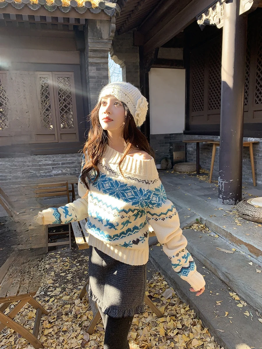 

Ele Sexy Nordic Sle Fair Isle Embroidery oulder Bared Sweater Women Pure Desire One oulder Top Sweet Sle Loose Fit