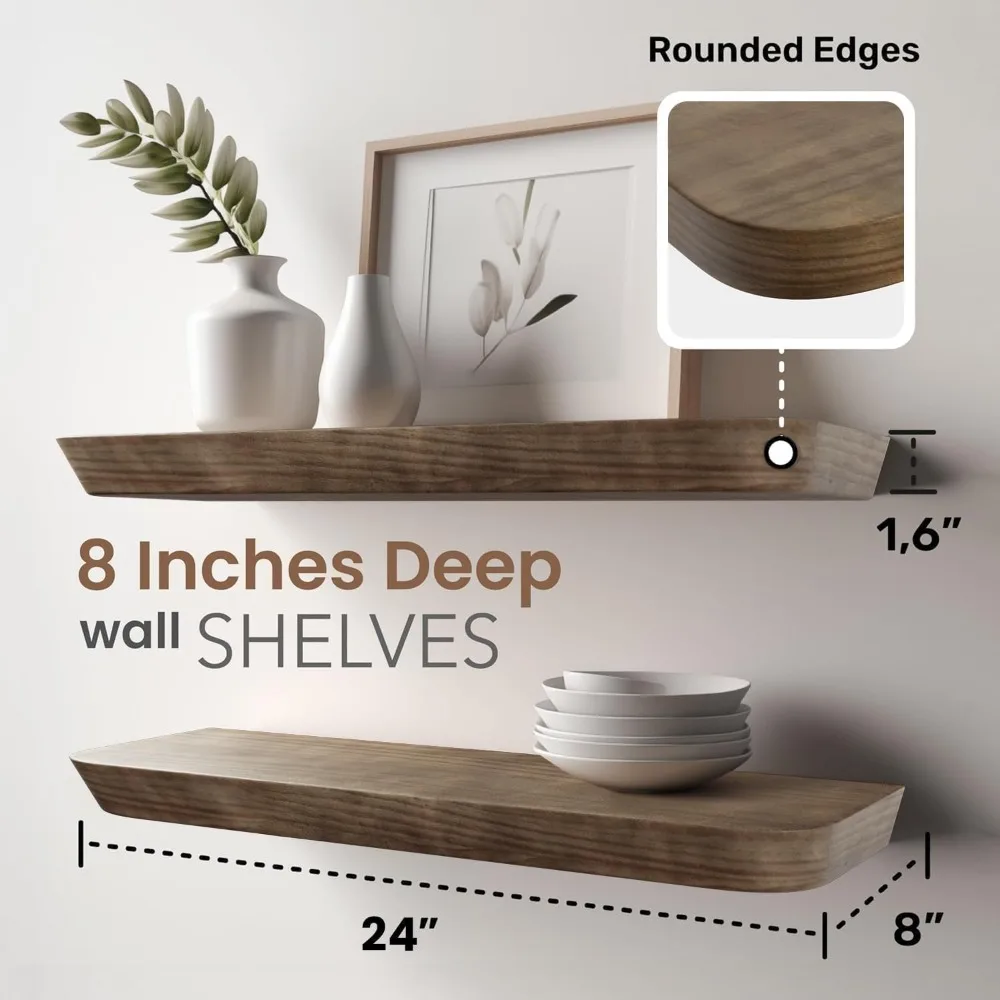 Pair of 24-Inch Premium Wood Wall-Mounted Floating Shelves - Heavy Duty Wooden Shelves