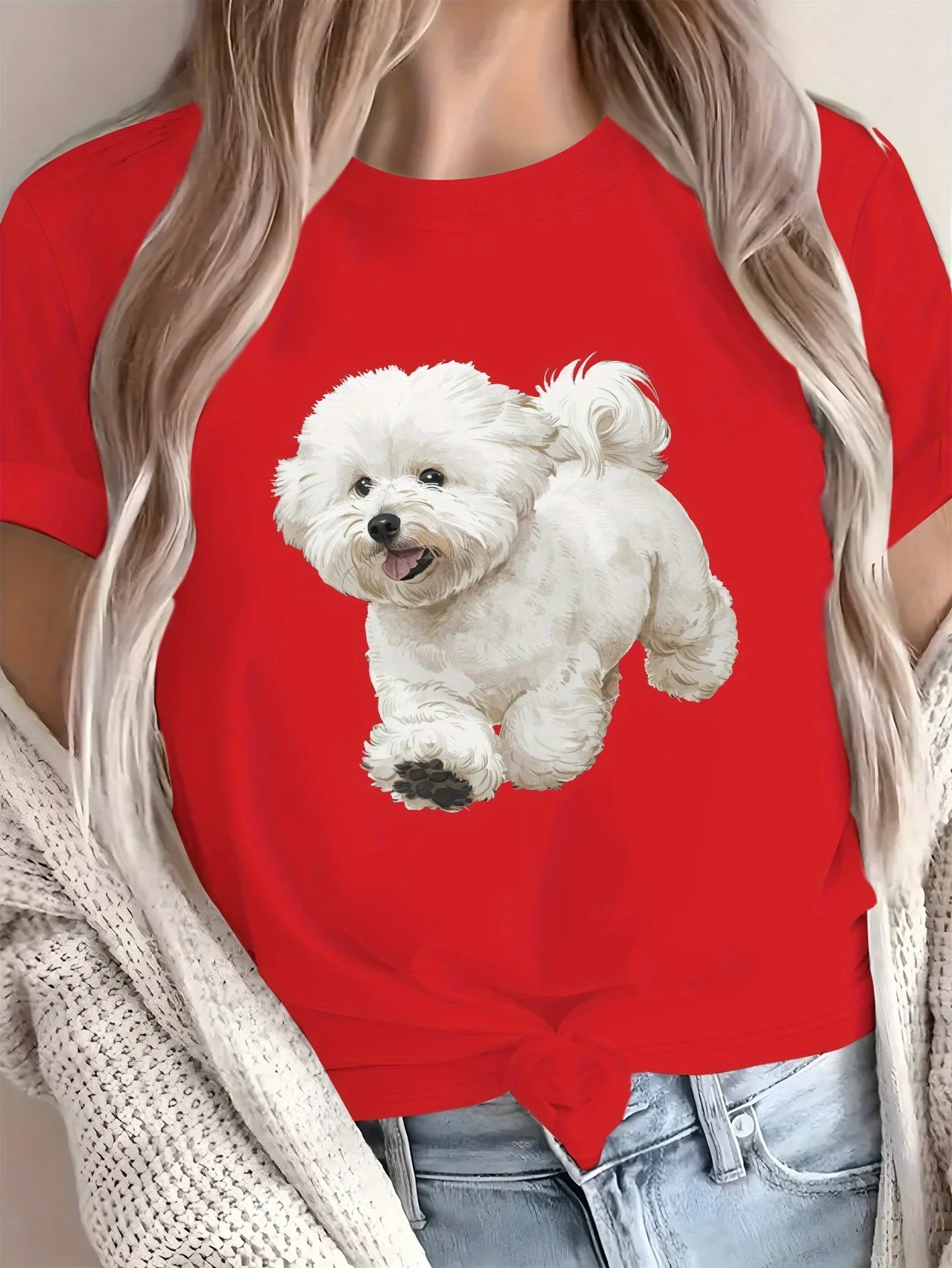 Camiseta blanca con estampado de Bichon Frise para mujercamisetas غير الرسمية suaves y transpirables de Color sloido para Todos #3