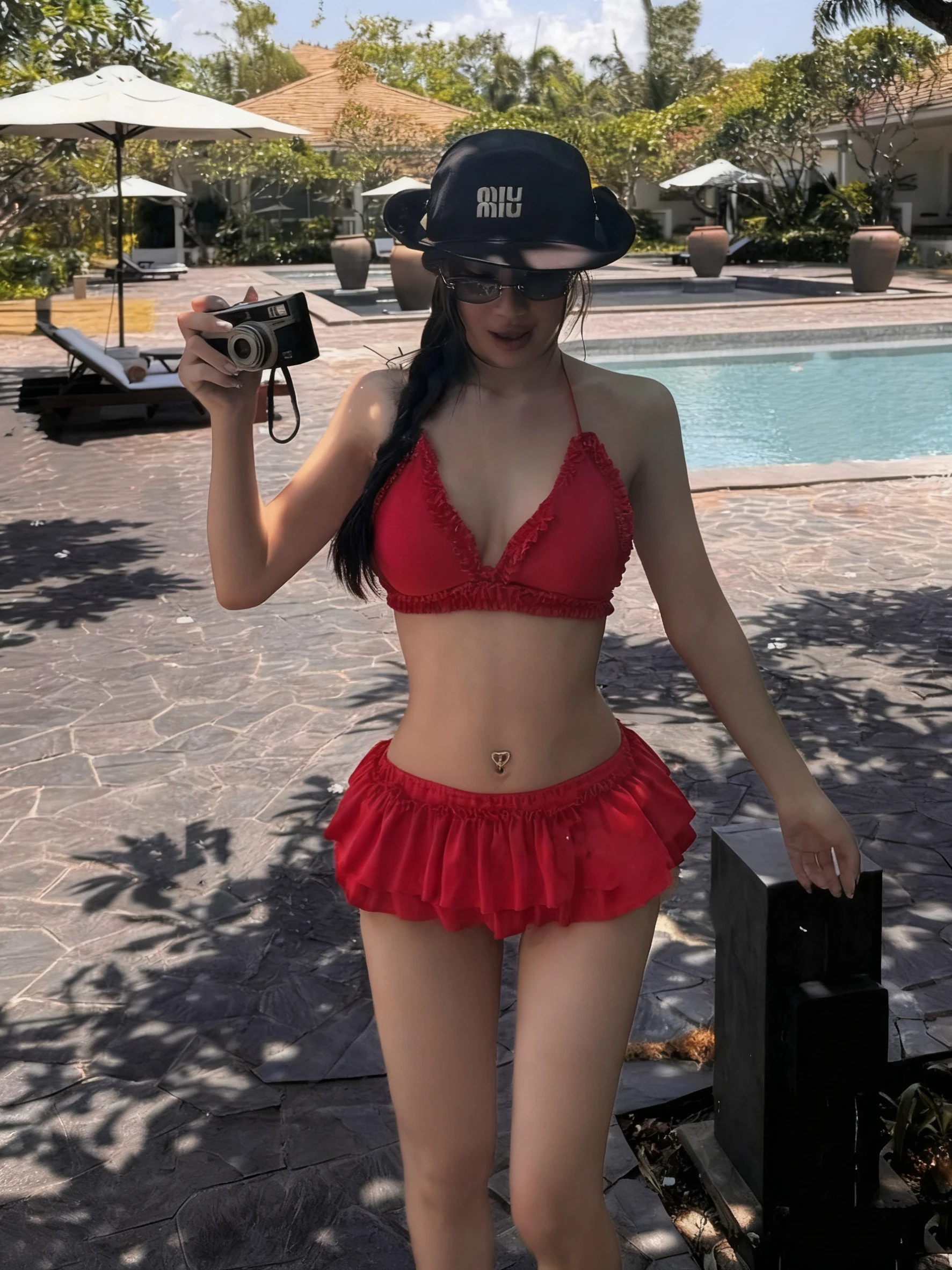 Women's Sweet Sexy Bikini Set - Halter Triangle Top (Lace Trim) & Tiered Ruffled Skirt Bottom , Vacation Beach Swimwear Summer