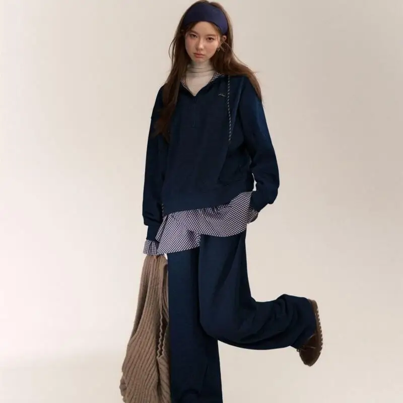 

Комплект в американском стиле: худи на молнии с капюшоном и имитацией двухслойности, клетчатые повседневные брюки с высокой талией, хлопок, для женщин