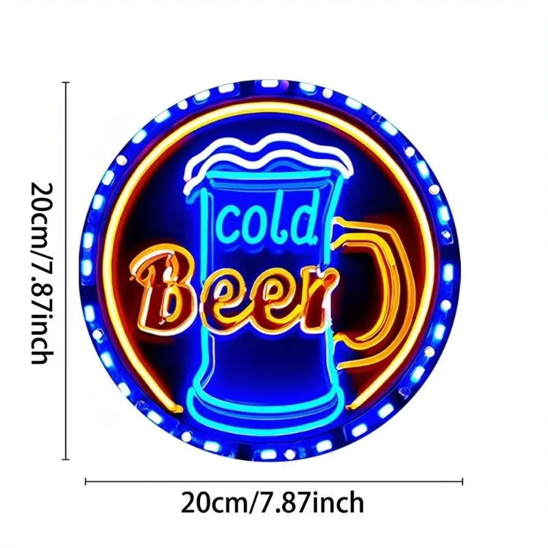 High Definition Custom Metal Wall Art Print Neon Cold Beer Mug Round Sign Wall Decor for Bar Pub Man Cave Garage Kitchen