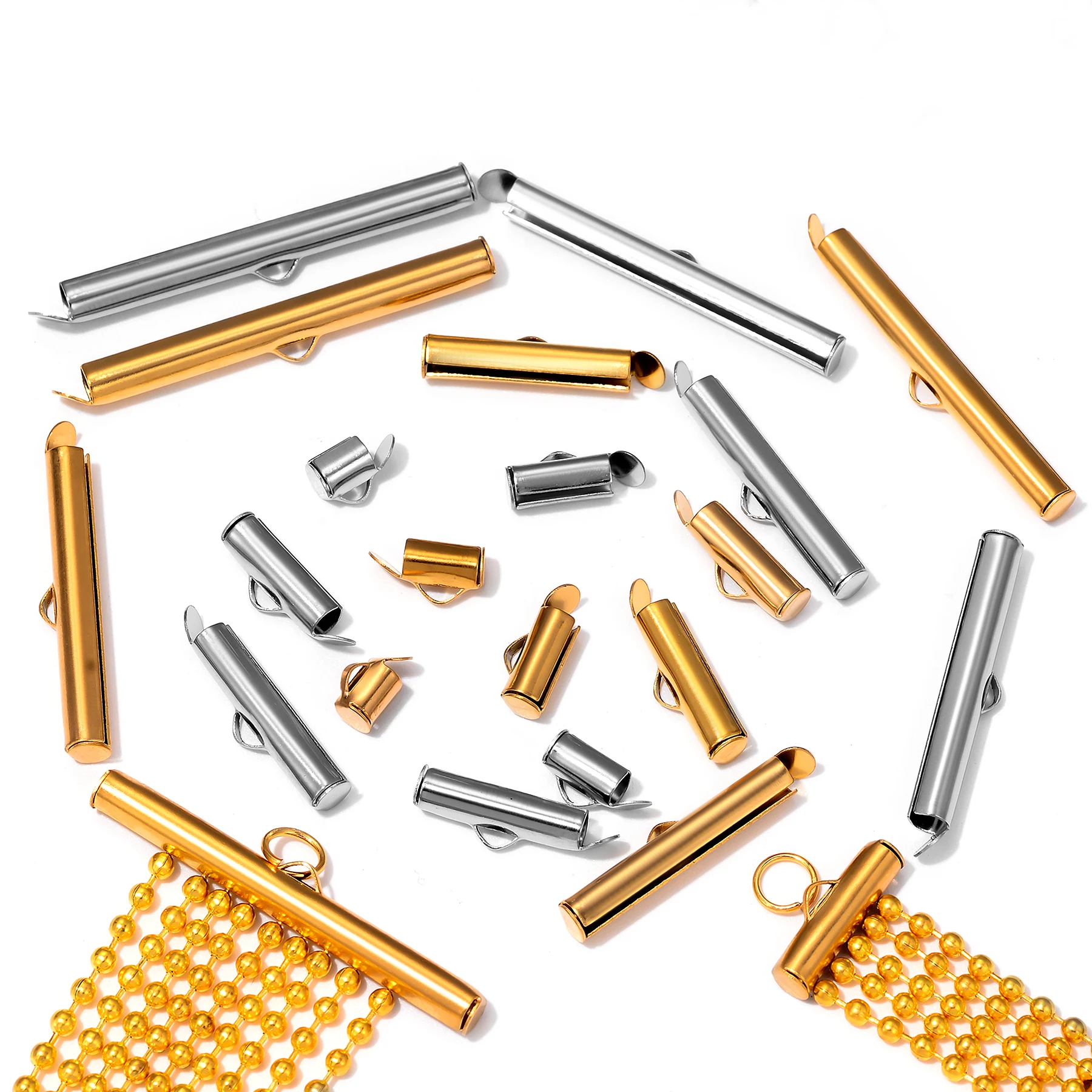 8pcs Stainless Steel Gold Plated Crimp End Beads Slide Chain Clasp Tube Slider Connector for DIY Bracelet Crafts Jewelry Making view 5