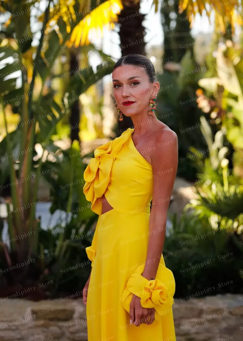 One Shoulder Long Sleeve Yellow Satin Dress With Flower Hollowout Floral Midi Dresses Elegant Wedding Party Gowns Custom Made