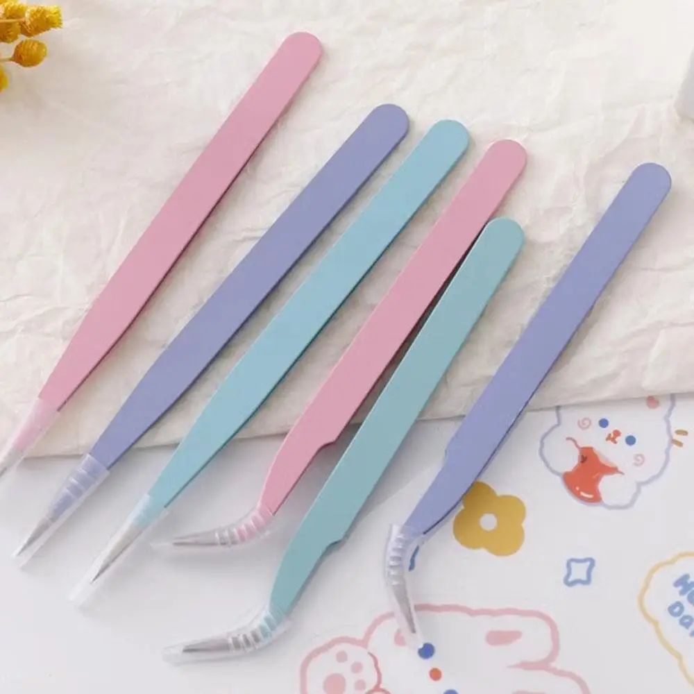 Stainless Steel Straight Curved Tweezers Colorful Pink Blue Purple DIY Eyelash Tweezer Nail Art Sticker Rhinestones Picking Tool