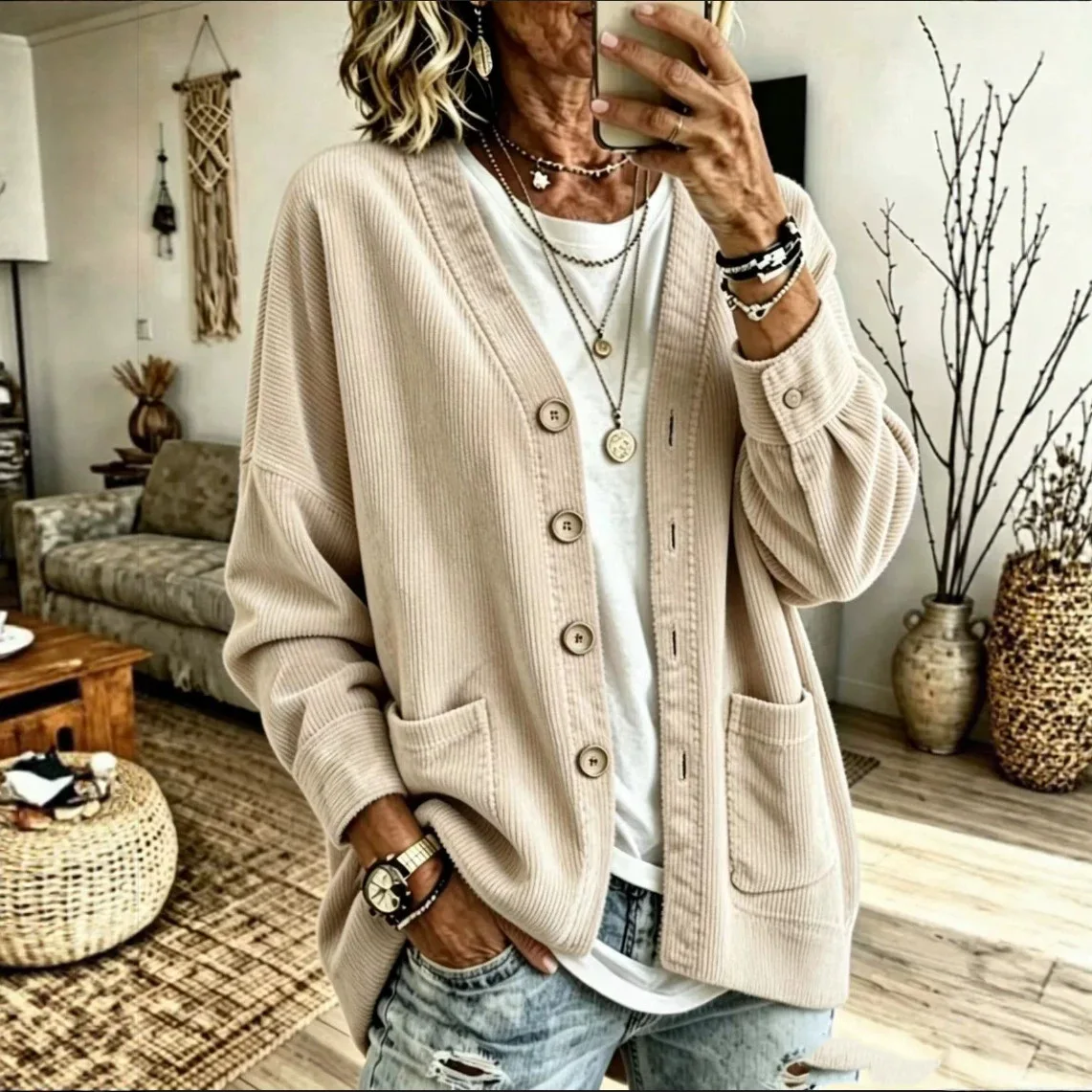 Women's Autumn Corduroy V-neck Loose-fitting Double-pocket Cardigan Jacket