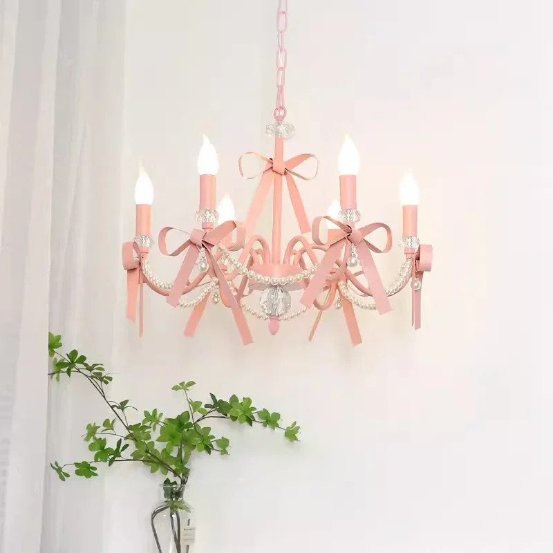 

Pink Princess Room Chandeliers Cute Romantic Bow Nordic Modern Warm Children's Living Room Little Girl Bedroom Decor Chandelier