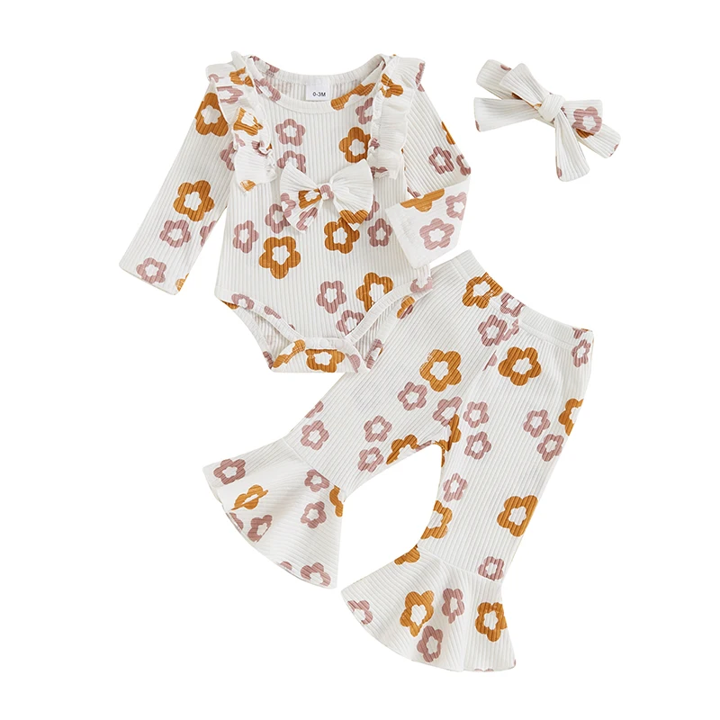 

Newborn Baby Girl Fall Winter Outfit Flower Print Ruffle Long Sleeve Romper Flare Pants Infant Cute Clothes