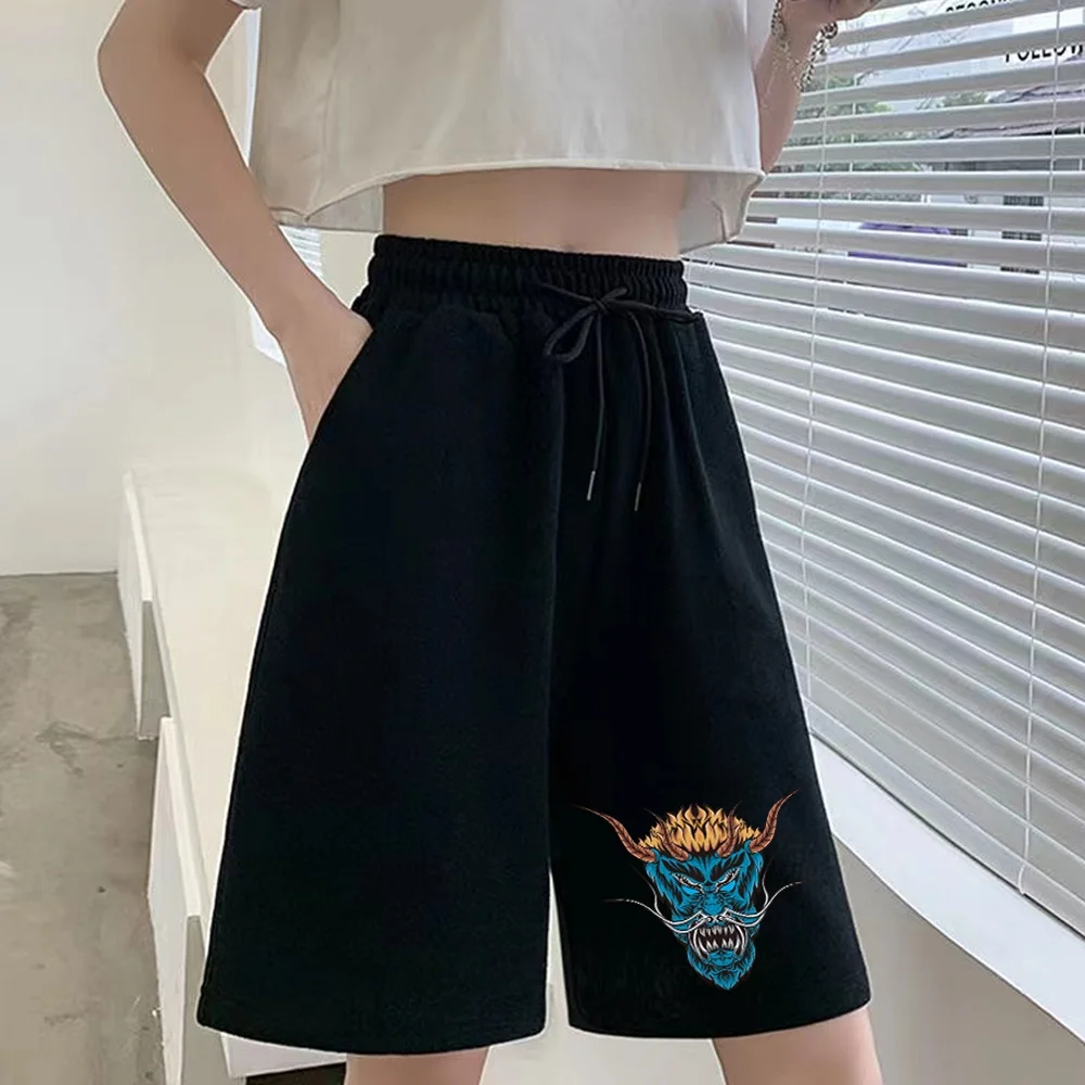 Celana Pendek Kasual Wanita Celana Crop Jalanan Seri Cetak Samurai Lucu Celana Pendek Olahraga Mode Harajuku Wanita Streetwear Korea