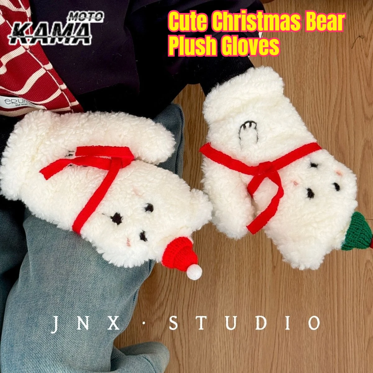 

Cute Sweet Style Christmas Bear Plush Gloves Thickened Fleece Warm Cycling Fingerless Mittens for Women Autumn Winter Seasonal