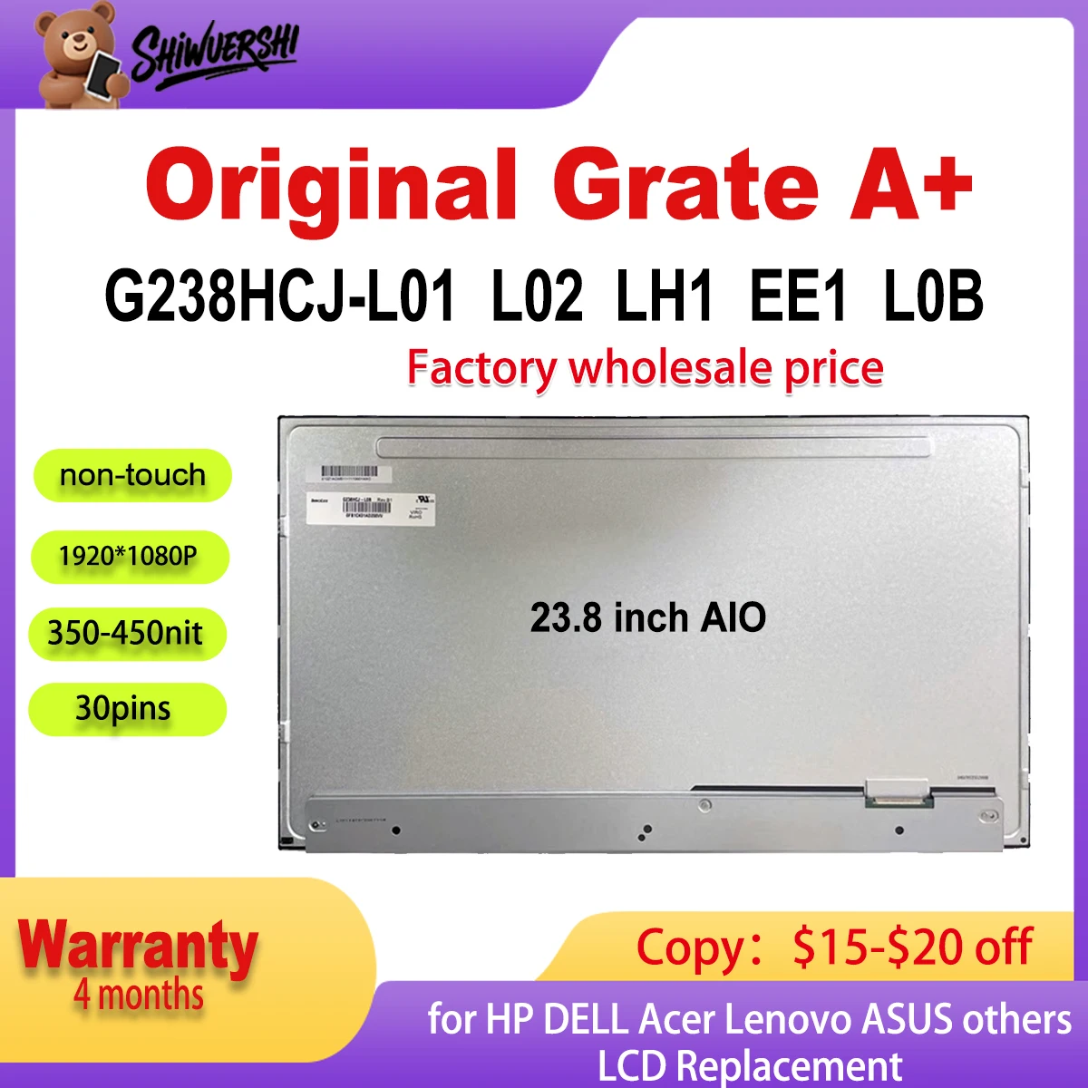 

Original New 23.8 inch G238HCJ L01 L02 LH1 EE1 L0B IPS FHD For HP LENOVO DELL LCD Screen