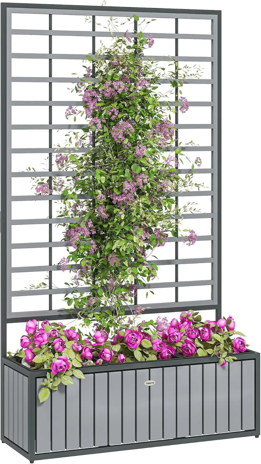 Wooden Raised Garden Bed with Trellis, Removable Pots, Drainage Holes for Climbing Vines, Vegetables, Flowers, Raised Planter Box for Backyard, Patio, Balcony, 29 x 11 x 52 in., Gray
