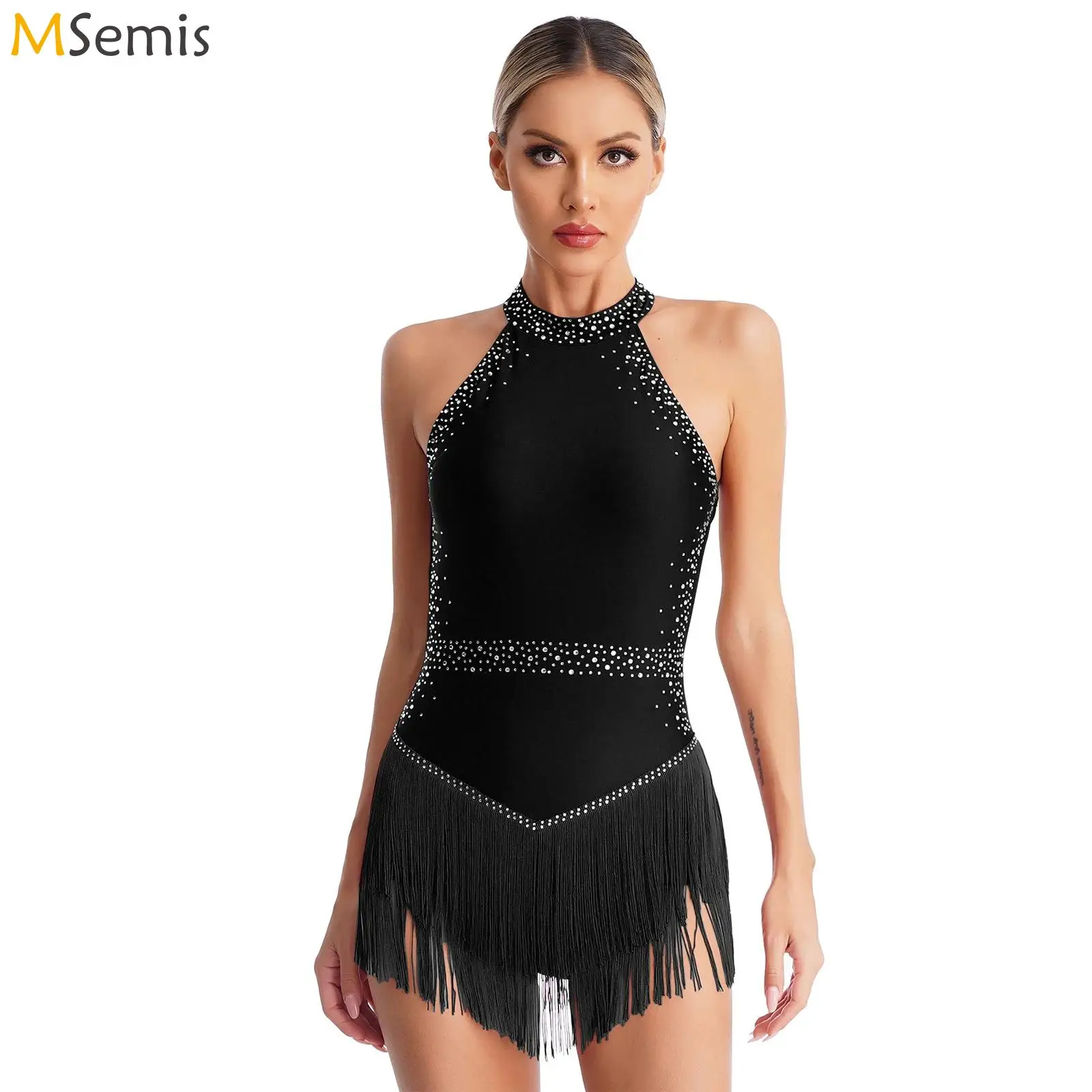 Vestido de baile latino de Tango y Salsa para mujer, leotardo con diamantes de imitación brillantes, borla, Halter, sin mangas, Espalda descubierta, traje de salón con flecos