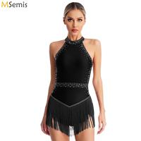 Women Latin Tango Salsa Dance Dress Shiny Rhinestones Tassel Leotard Halter Sleeveless Backless Fringe Bodysuit Ballroom Costume