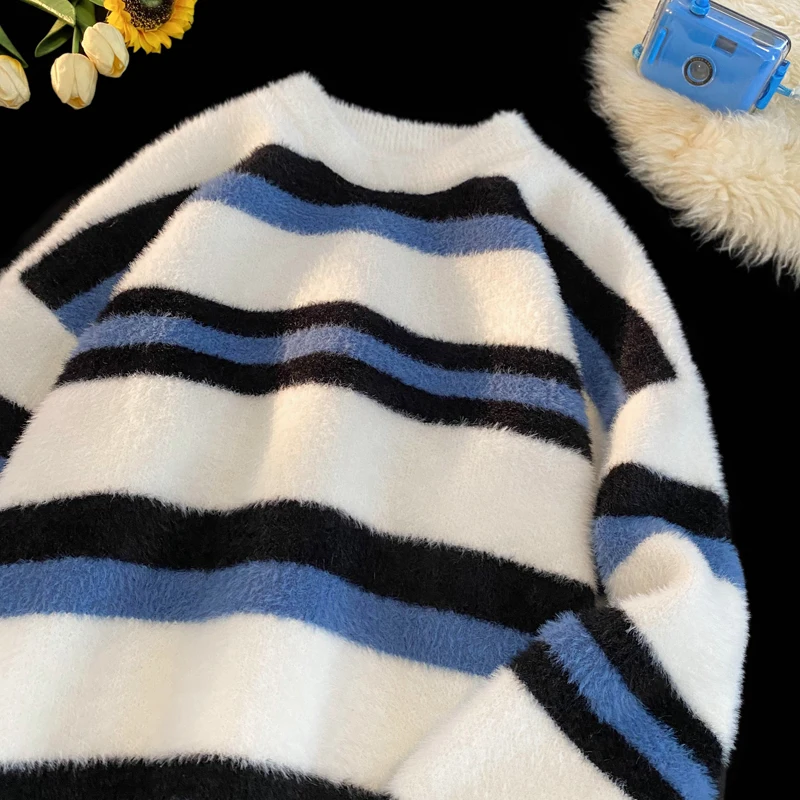 

Мужской вязаный свитер свободного кроя в полоску с цветными блоками, весна-осень, модный повседневный свитер для подростков, вязаная верхняя одежда с круглым вырезом, длинный рукав