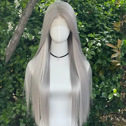 Sliver Gray13x4 Synthetic Lace Front Wigs for Black Women 26 Inch Long Straight Glueless Wigs Grey Heat Resistant Wigs Free Part