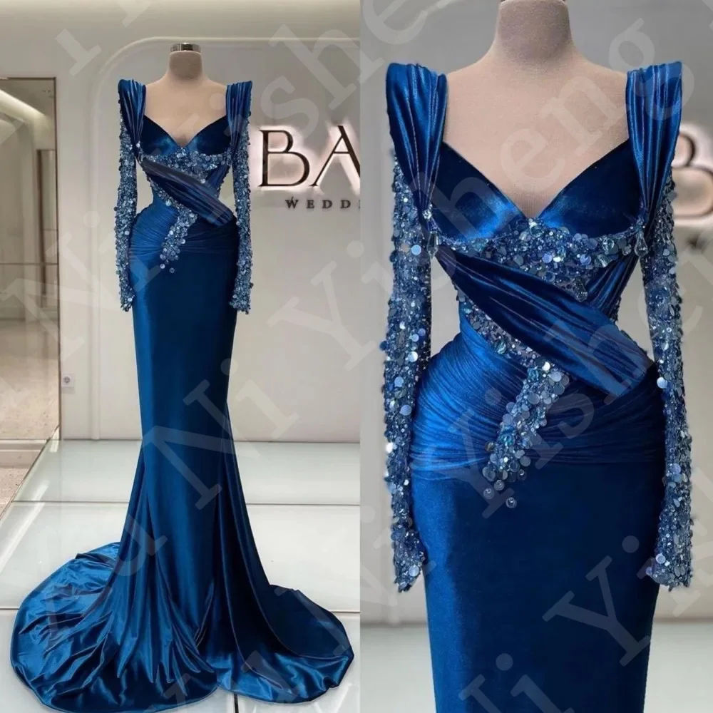 Gorgeous Sequin Velour Mermaid Evening Dress Long Sleeves Slim Prom dress V-Neck Pleat Sweep Train New Formal Dress فساتين طويلة