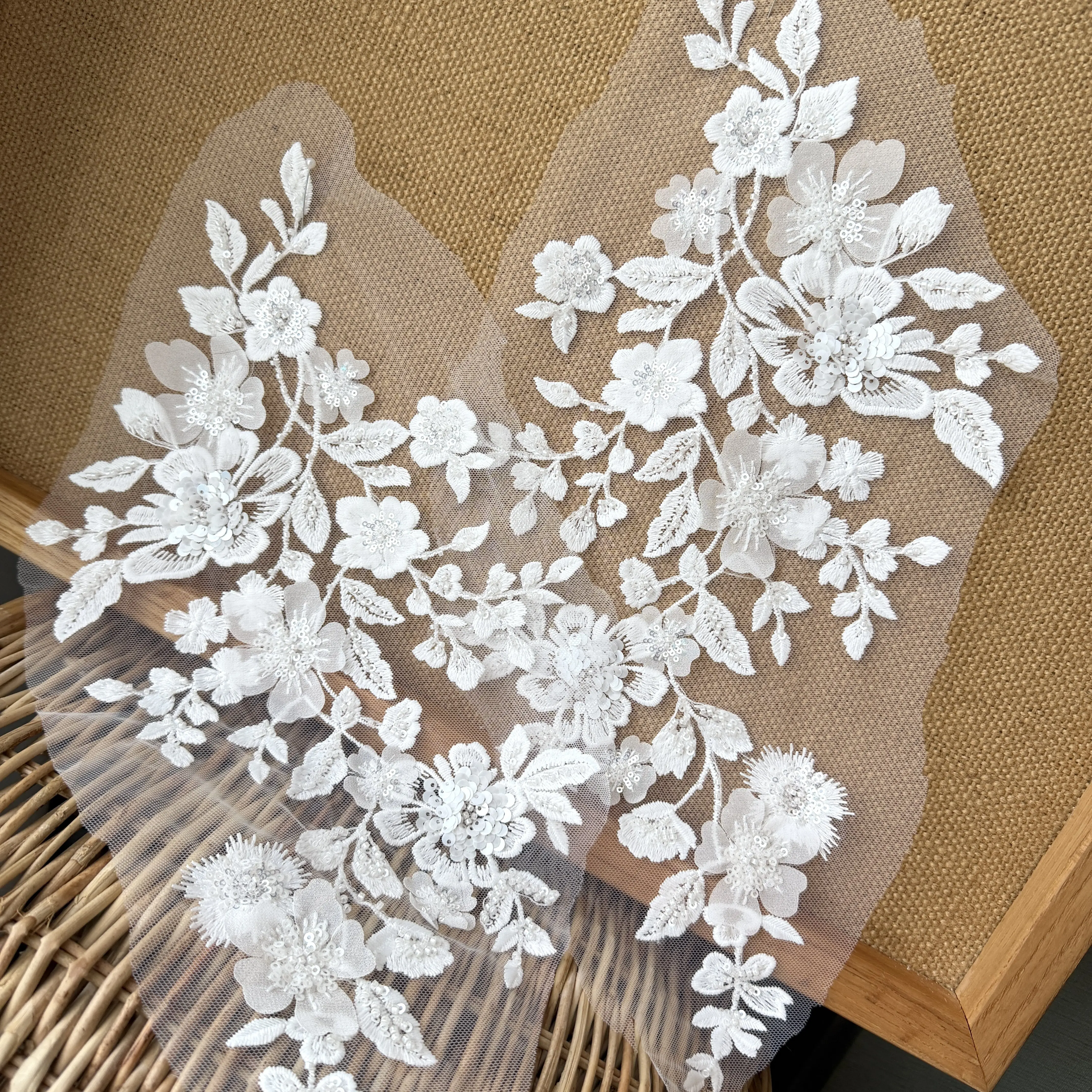 40X20CM. Bead Flower Piece, Off White Lace, Paired with Floral Mesh, Embroidered Lace, Floral Veil, Clothing Accessories
