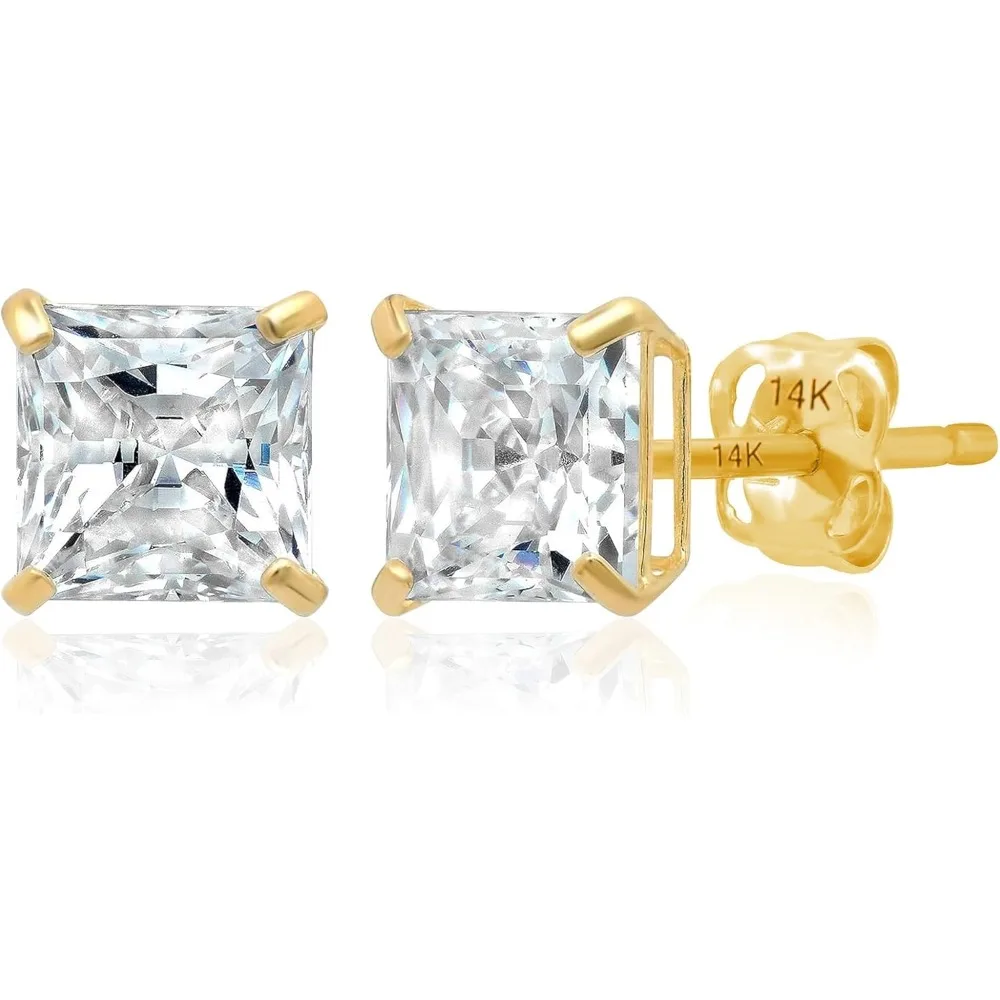 

14K Gold Princess Cut CZ Stud Earrings for Women & Men | Anti Tarnishing Cubic Zirconia Earrings Studs with 14K Gold Butterfly B