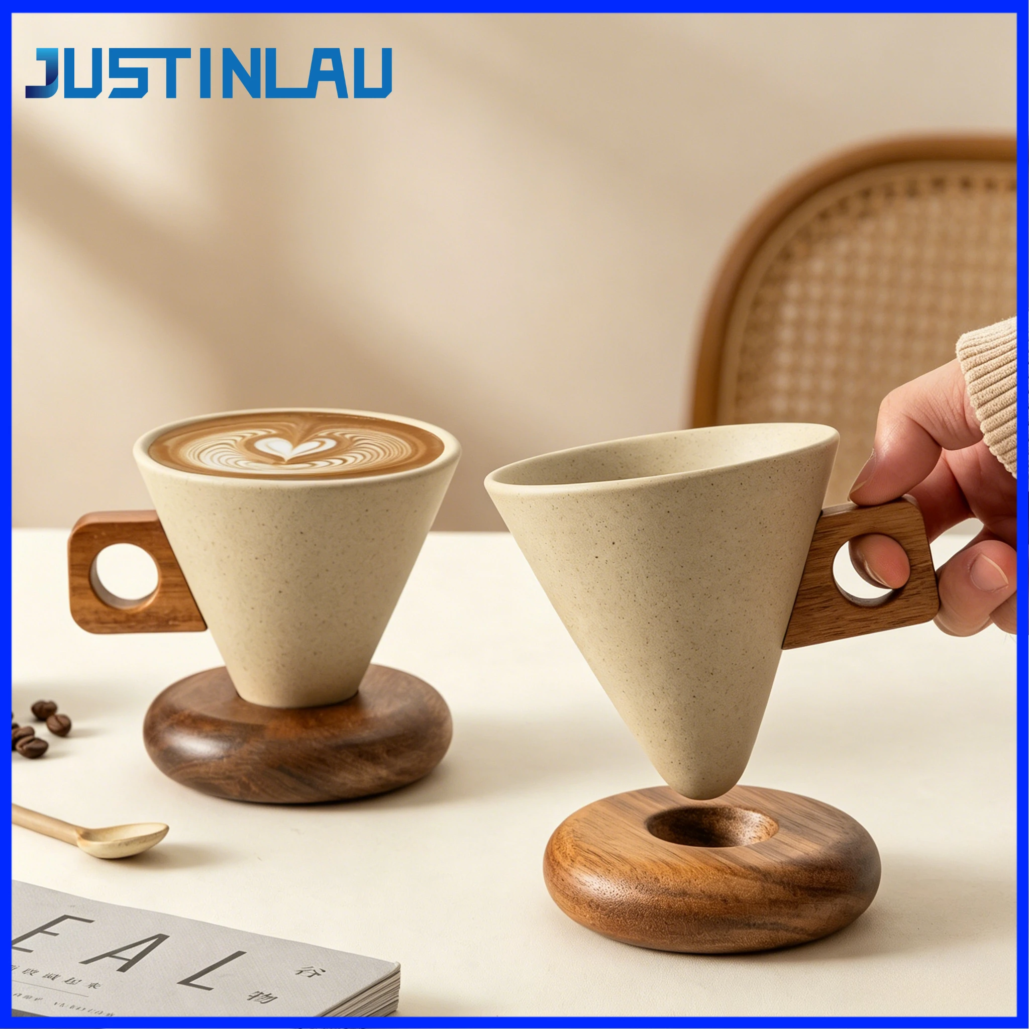 JUSTINLAU 250ML Vintage Ceramic Coffee Cup Tea Cup with Wood Base＆Handle Exquisite Private Cup Coffee Utensils Creative Present