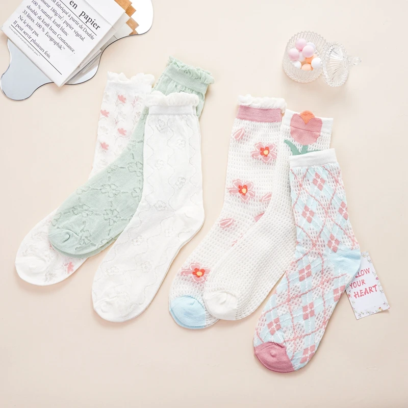 

Japanese Cute Socks Women's Mid Tube Three Dimensional Flower Tulip Socks Ins Tide Summer Thin Hollow Mesh Breathable JK Socks