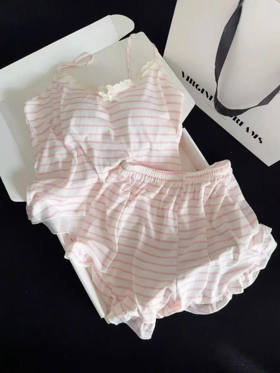 

Elegant Pajamas Women Summer Two-piece Set Sweet Girly Striped Pure Desire Suspender Straps Ins Sets Korea Chic Shorts Suit 2025