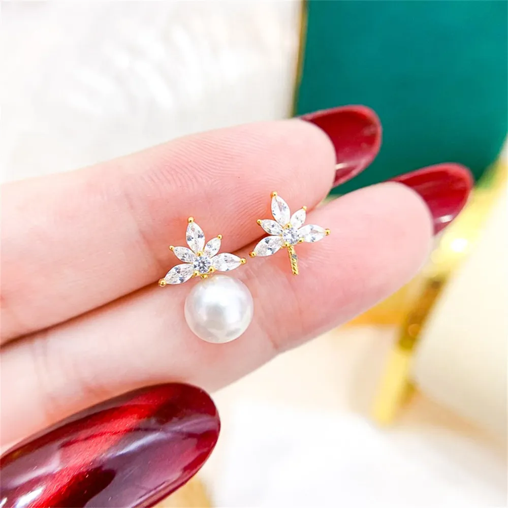 DIY Pearl Accessories S925 Sterling Silver Earrings Empty Gold Silver Earrings Fit 7-10mm Round Beads E257