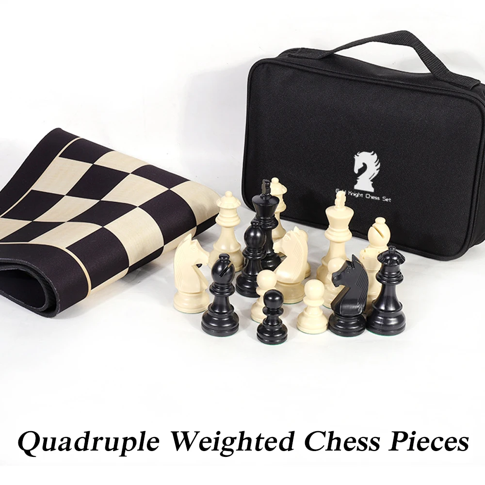 Large Portable Travel Chess Set with Leather Chessboard, Weighted Staunton Pieces, 2 Queen Storage Bag, King Quadruple, 3.8