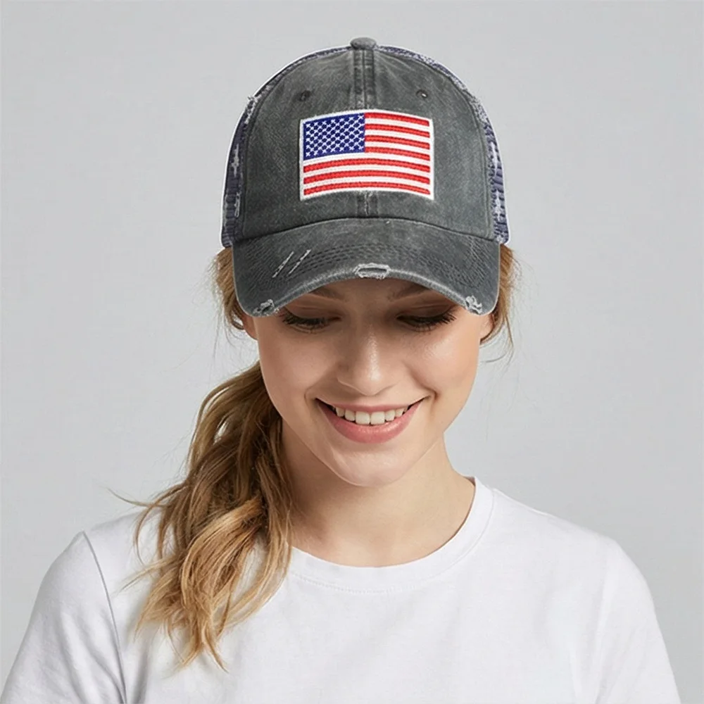 European and American washed and distressed baseball caps with retro American flag embroidery and outdoor sun protection feature