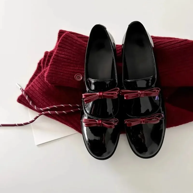 Retro British Style Mary Jane Women's Round Toe Chunky Heel Single Shoes with Bow Tie Comfortable Leather Loafers for Autumn Win