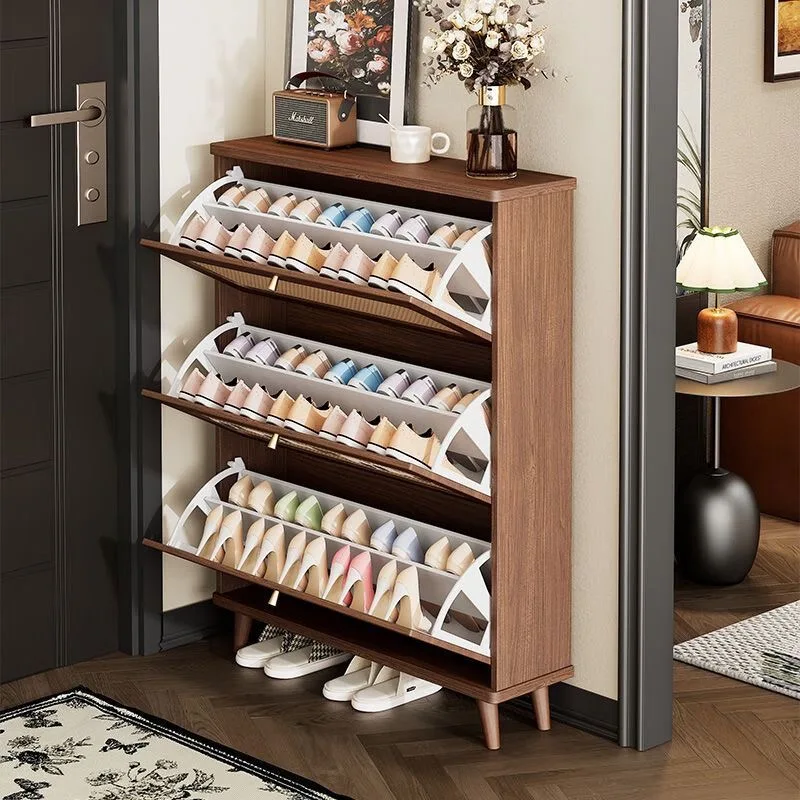 Antique Rattan Ultra-Thin Flip Bucket Shoe Cabinet for Small Apartment Very Narrow Living Room Storage for Household Door