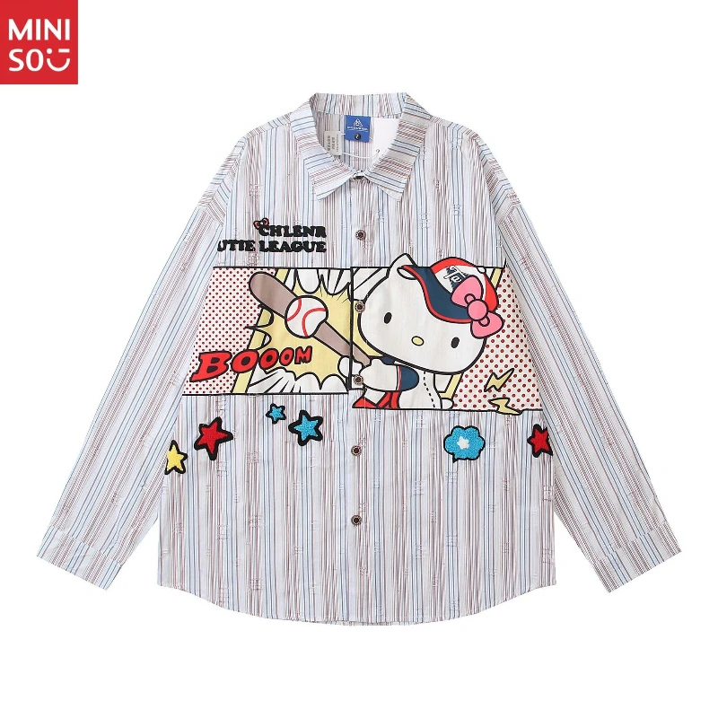 

2025 Autumn New American Retro Striped Cartoon Embroidery Couple Long Sleeve Shirt Loose