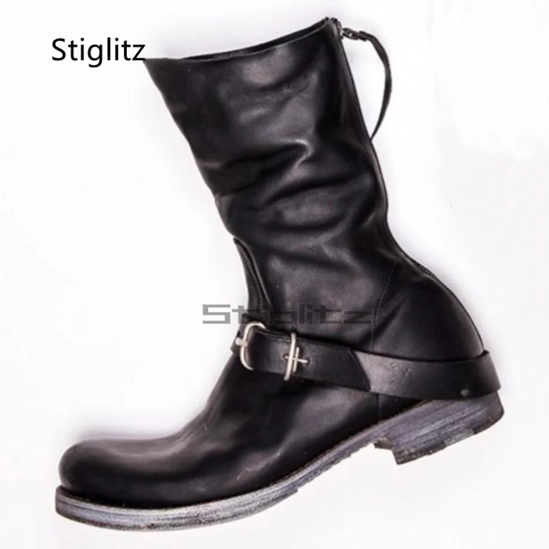 

Короткие ковбойские сапоги в стиле вестерн для мужчин, пряжки на ремне, молнии сзади на толстой подошве, рыцарские сапоги с круглым носком, мужская обувь из мягкой кожи