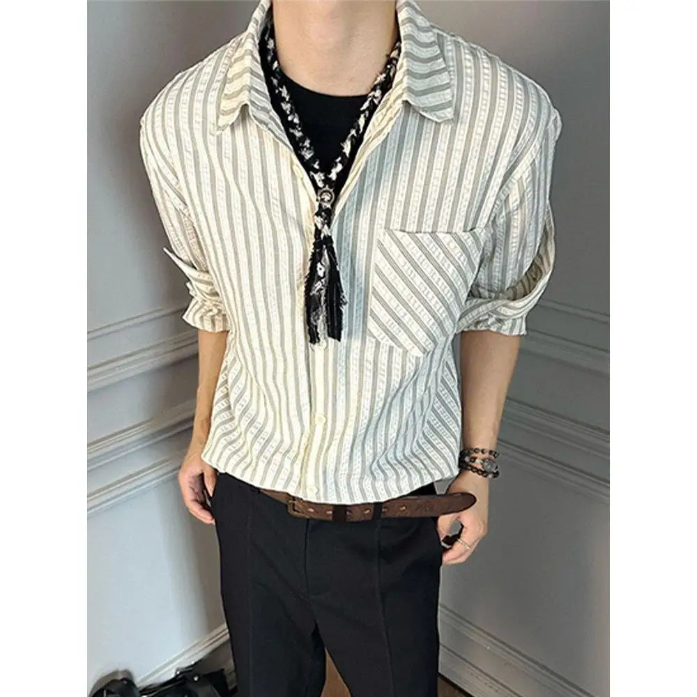 White Striped Bubble Shirt Men's Long Sleeve Shoulder Fit Polyester Fiber Casual Shirt Cleanfit Jacket for Autumn And Winter