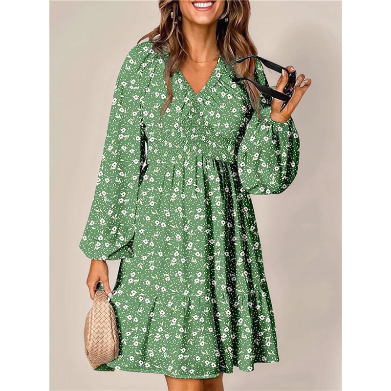 Asds-vestidos de outono para mulheres boho floral decote em v manga longa smocked cintura elástica casual linha a mini vestido de verão