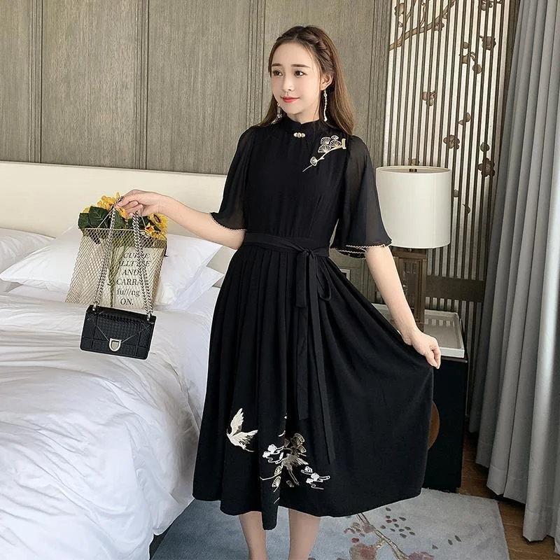 Black Short Sleeve Chinese Style Dress Plus Size Women\'s 2023 Summer Elegant Embroidery Qipao Vestido Chiffon Dress Cheongsam