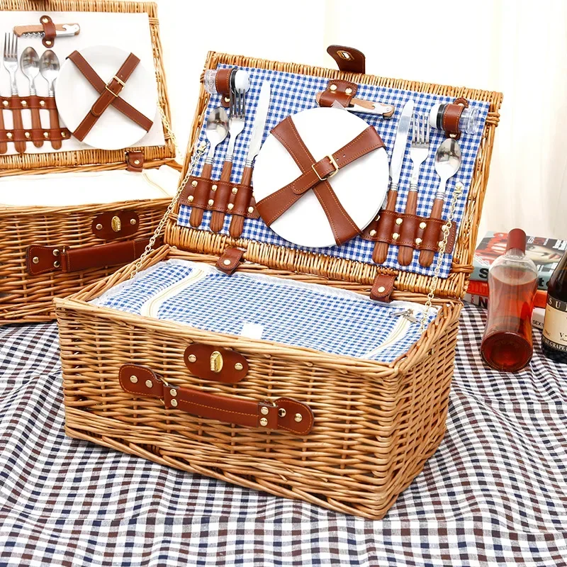 Rattan wicker picnic basket outdoor picnic household storage basket fruit steak vegetable basket with cutlery