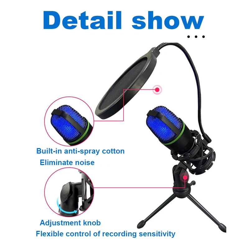 3.5mm USB/RGB Condenser Wired Microphone for PC Laptop Gaming Podcast Studio Professional Anti-Blowout Desktop Microphone image 5