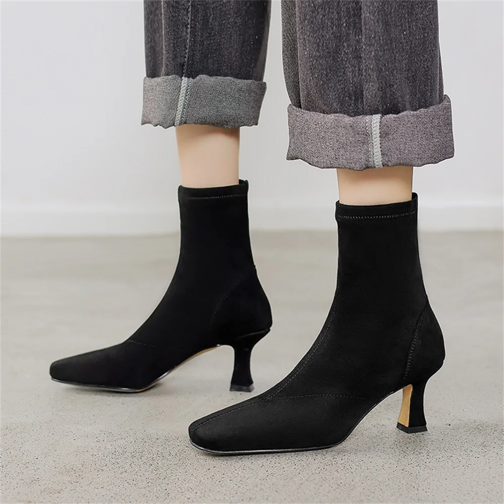 Taoffen Real Leather Women Stretch Boots Fashion Square Toe Thin High Heel Short Boots Slip On Dress Office Women Boots Handmade