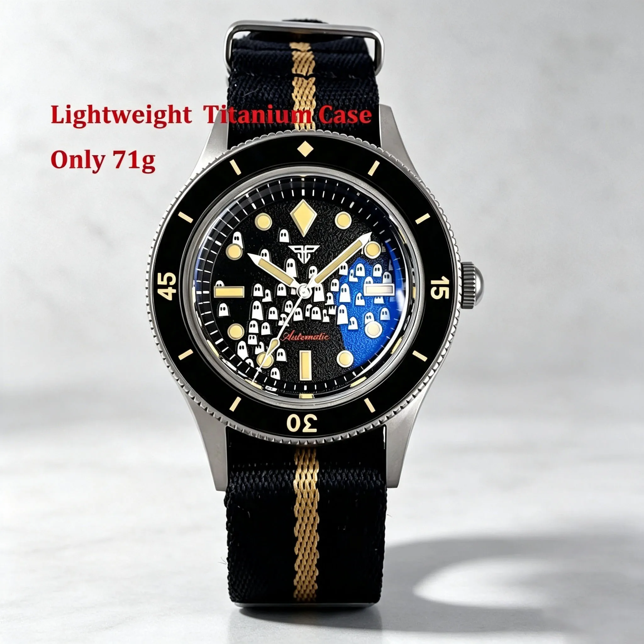 Tandorio Titanium 50-Fathoms Style Luminous Ghost Dial Mechanical Watch Bubble AR Sapphire Glass Non-Radiation 20ATM Wristwatch