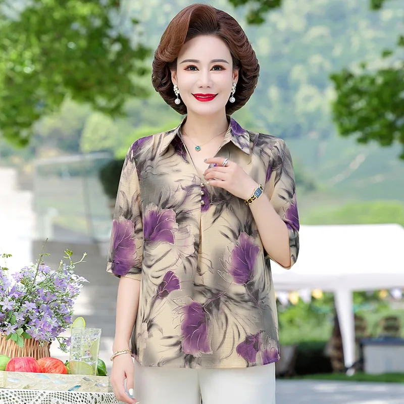 Vintage Floral Print Button Shirt Spring Summer Elegant Fashion Blouse 3/4 Sleeve Loose Tops Office Lady Blusas