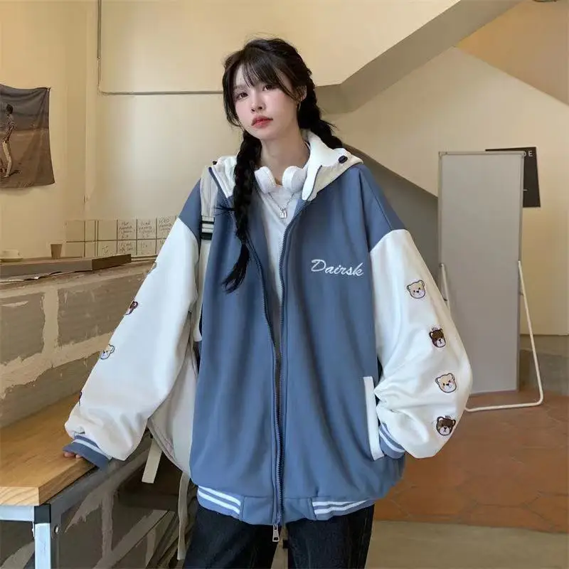 

Blue Print Casual Loose Jacket Baseball Jacket Hooded Women's Coat Women's 2023 Autumn Winter Coat New Sports Style