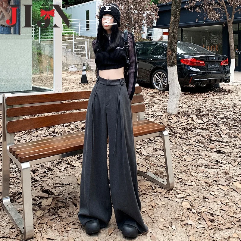 JHJN السراويل للنساء الصلبة طيات بنطال بسيط عادية الربيع اليومية Britches السراويل الشعبية أنيق الكورية كل مباراة الدعاوى جديد