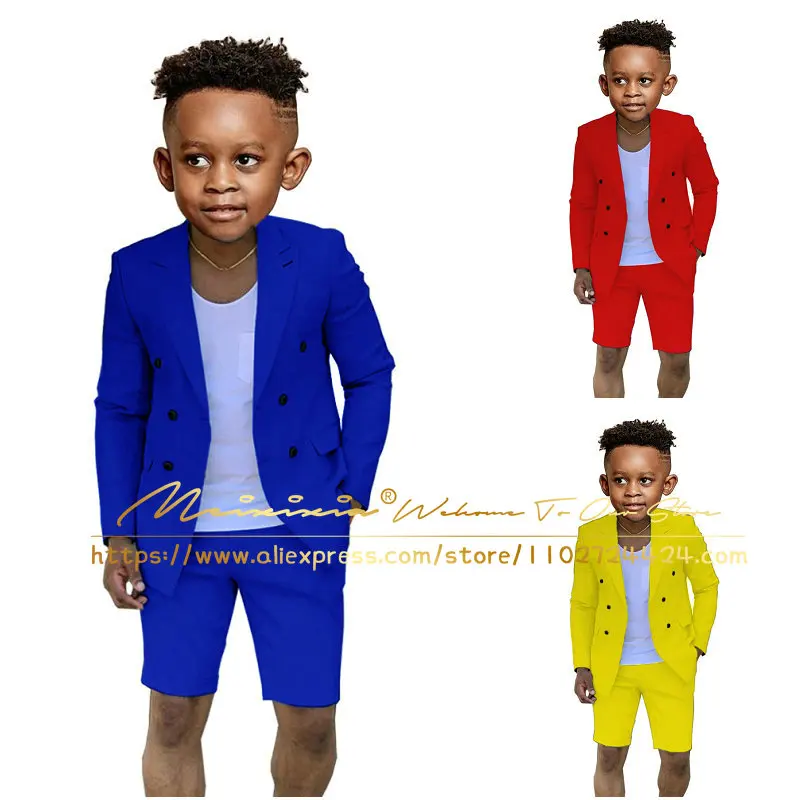 Royal Blue Suit For Boys Wedding Tuxedo Summer Jacket Short Pants 2 Pieces Double Breasted Kids Child Clothes Beach Party Suits