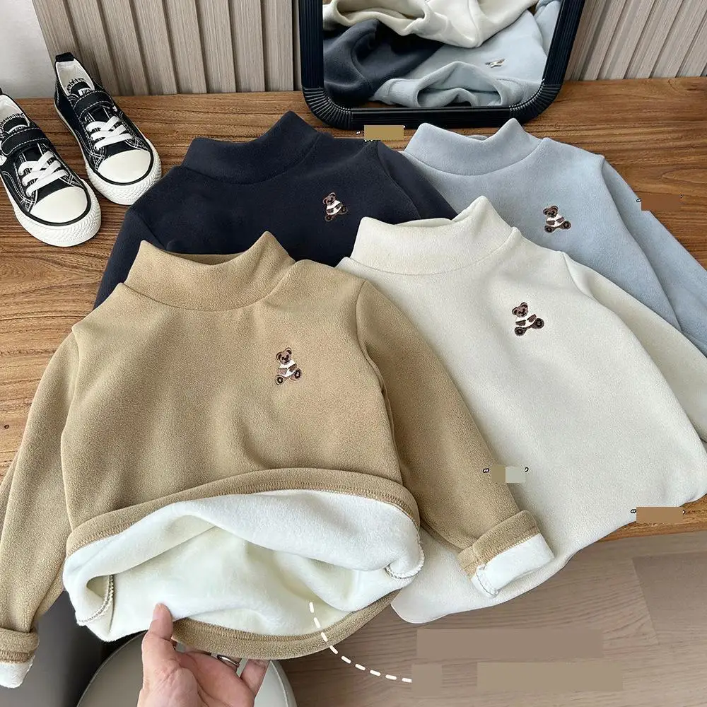 

2025 Winter New Children Half High Collar Fleece Bottoming Shirts Bear Embroidery Kids Boys Plus Velvet Thick Versatile Pullover