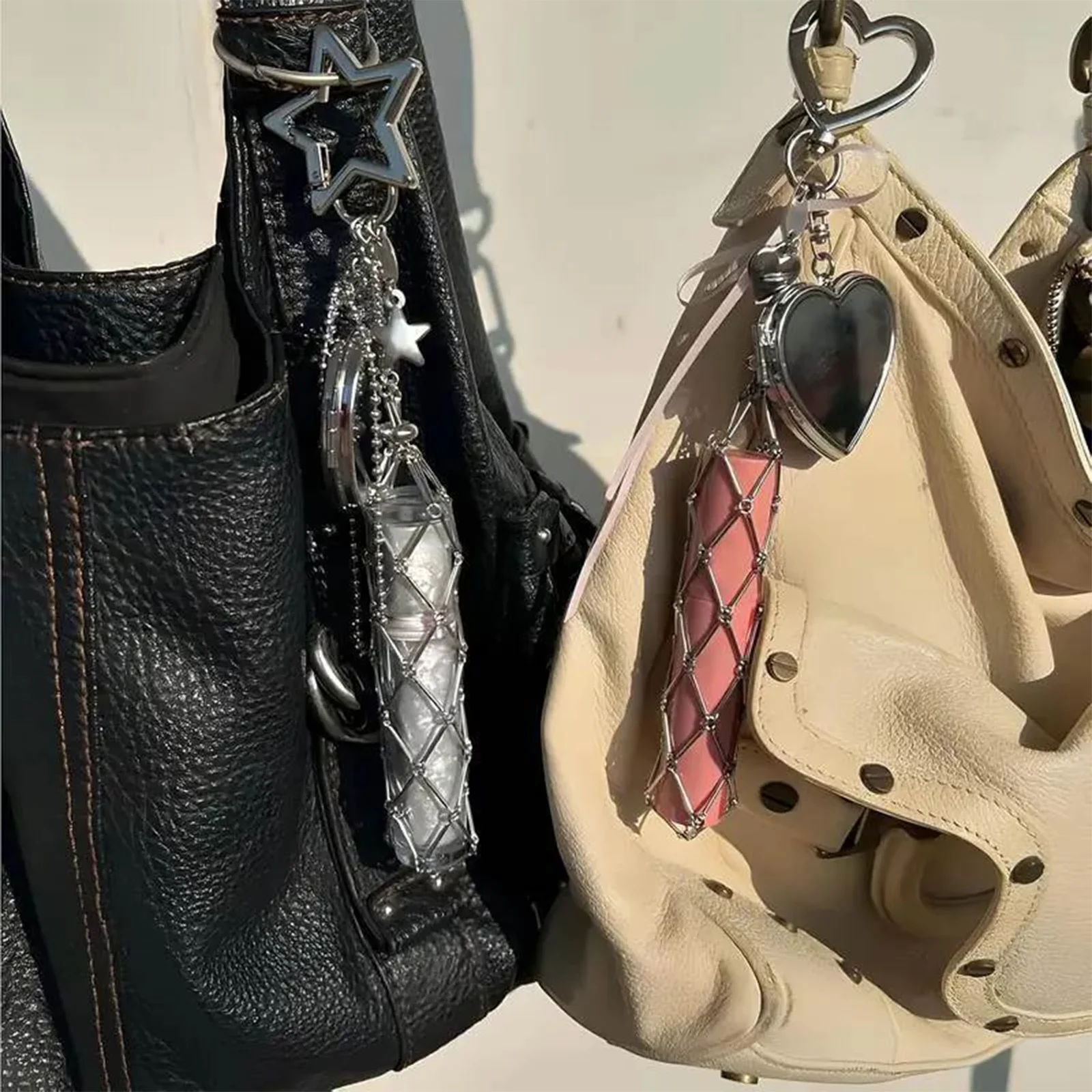 

Portable Metal Net Lipstick Bag with Mirror Creative Lipstick Cover Keychain Women Lipstick Holder Bag Y2K Pendant Accessories